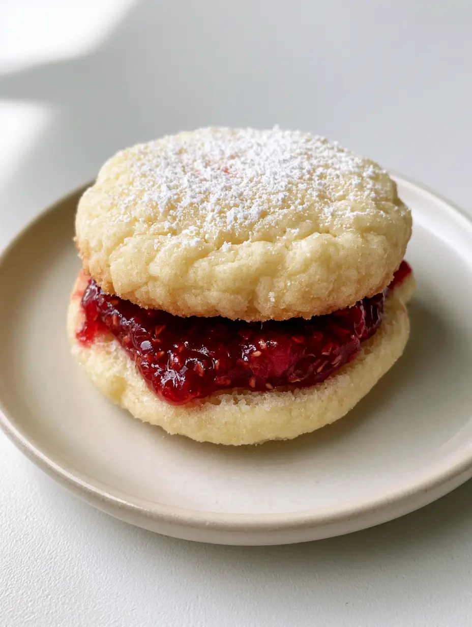 Lemon Raspberry Cookies: Soft Lemon Sugar Sandwich Cookies 4 A close-up high-angle shot of a Lemon Raspberry Cookie sandwich on a neutral plate, showing the matte crinkle-top and powdered sugar.