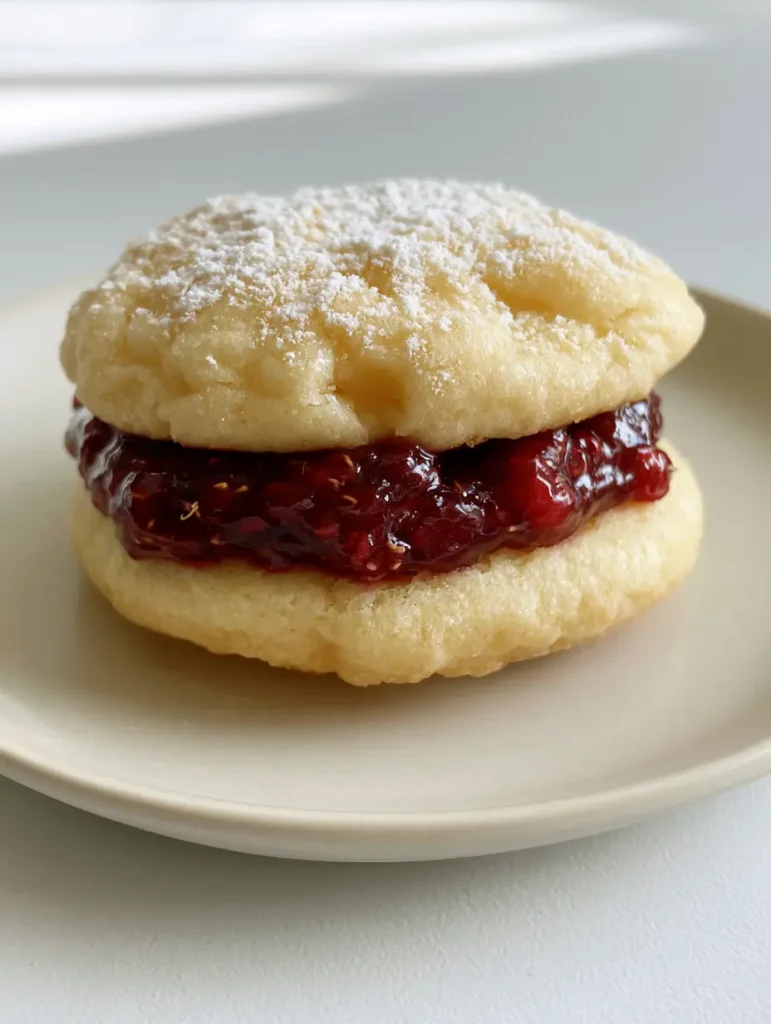 Lemon Raspberry Cookies: Soft Lemon Sugar Sandwich Cookies 1 Side view of a Lemon Raspberry Cookie sandwich highlighting the thick crimson jam filling and soft pale yellow dough.