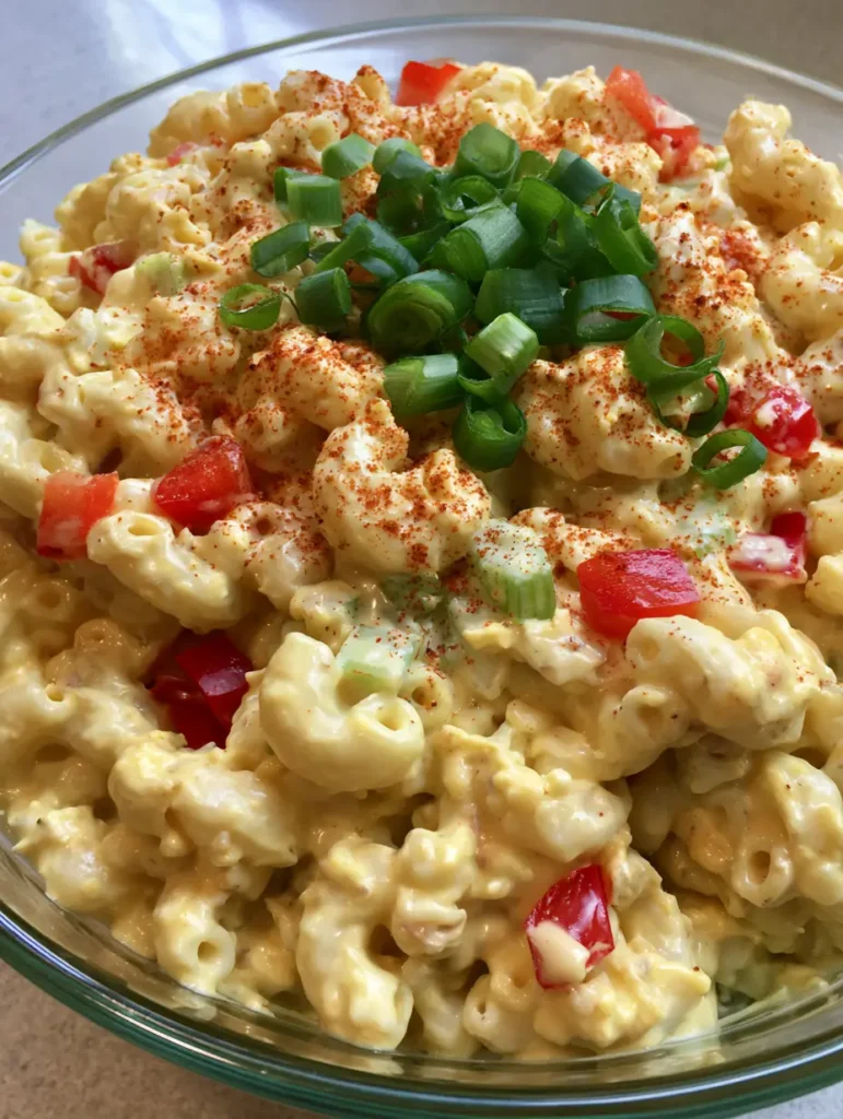 Southern Macaroni Salad: The Ultimate Creamy Classic Recipe 2 Close up of pale-yellow Southern Macaroni Salad with red bell peppers and celery. (Southern Macaroni Salad)