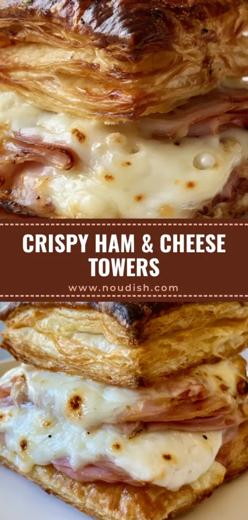 A towering Ham and Cheese Puff Pastry with golden flaky layers, melted white cheese, and poppy seed garnish.
