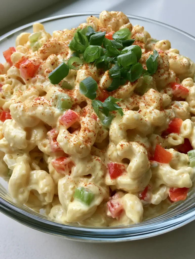 Southern Macaroni Salad: The Ultimate Creamy Classic Recipe 1 Overhead view of Southern Macaroni Salad in a glass bowl on a neutral countertop.