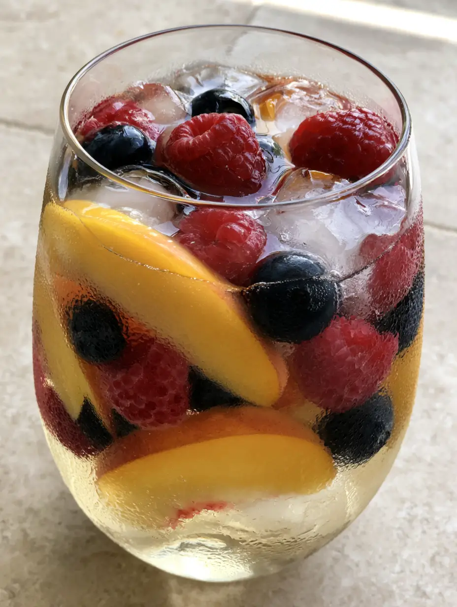 A handheld smartphone photo of a tall glass pitcher and stemless wine glass filled with chilled peach moscato sangria on a stone tabletop.