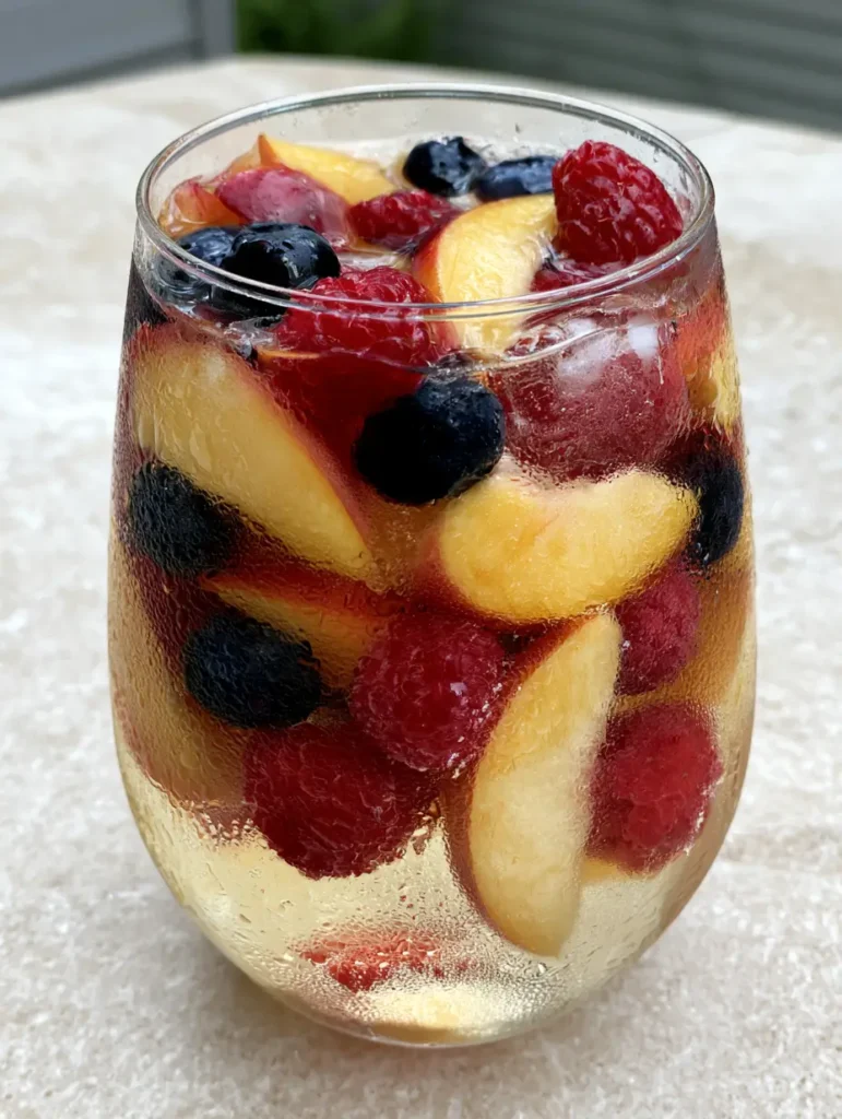 A stemless wine glass with condensation, showing the layered peaches and berries in Peach Moscato Sangria.