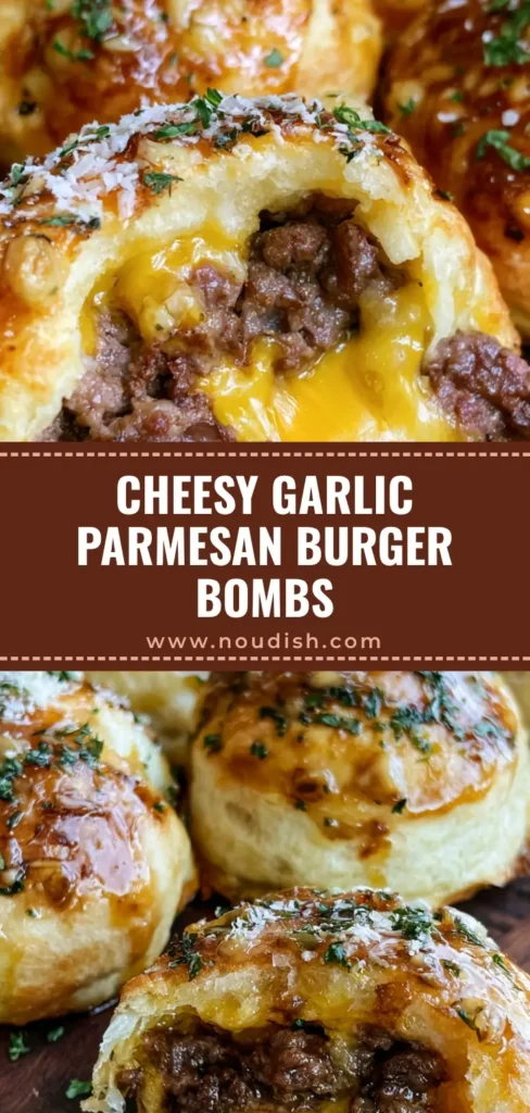 Cheeseburger Bombs with Garlic Parmesan Crust 4 A close-up of golden-brown Cheeseburger Bombs on a wooden board, with one torn open to show melted yellow cheddar and seared beef.
