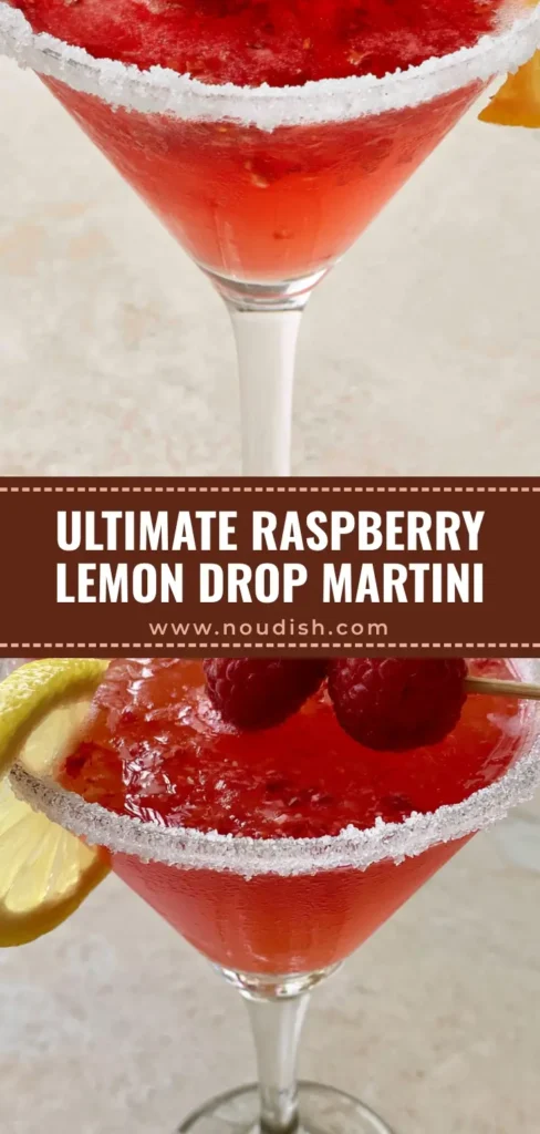 Raspberry Lemon Drop Martini: The Ultimate Vibrant Pink Cocktail Guide 4 A vibrant pink Raspberry Lemon Drop Martini in a sugar-rimmed glass garnished with a lemon wheel and raspberries on a wooden skewer.