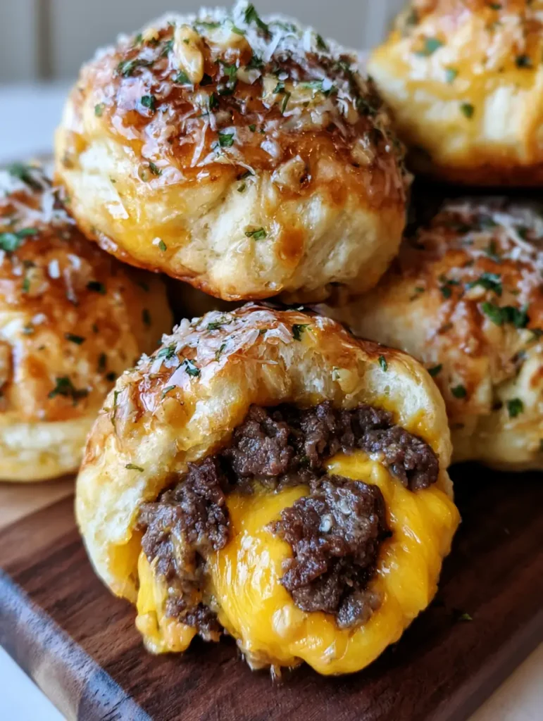 Cheeseburger Bombs with Garlic Parmesan Crust 2 A smartphone photo of several Cheeseburger Bombs brushed with garlic and parsley, highlighting the crispy golden crust.
