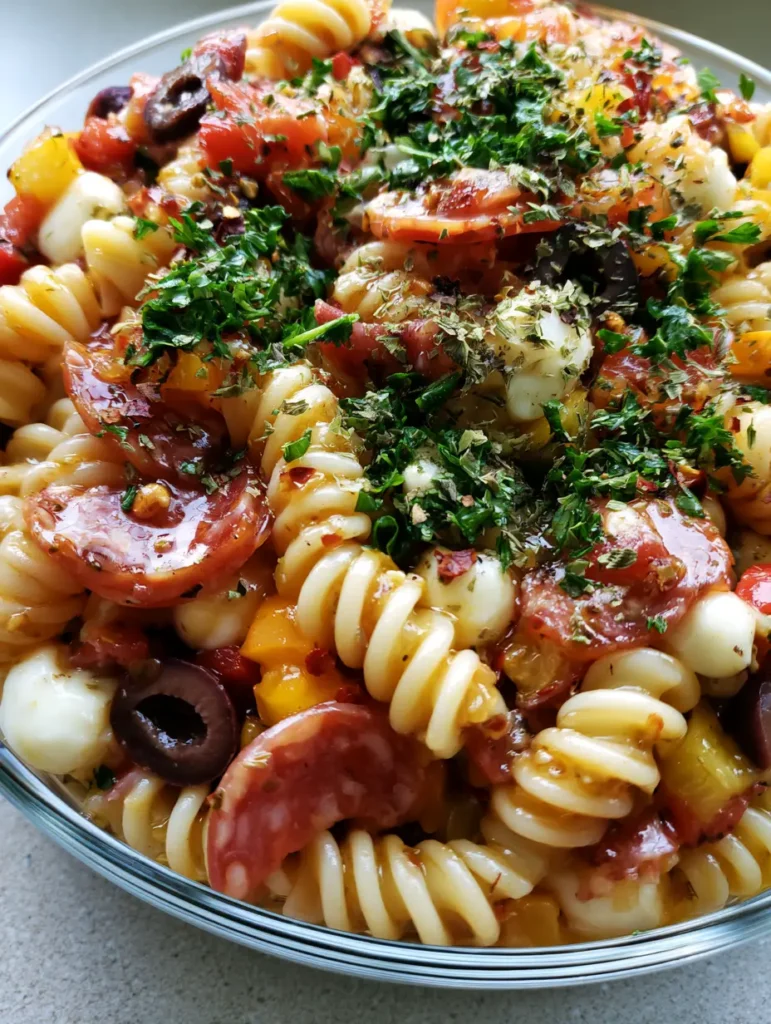 Close up of High-Protein Italian Pasta Salad ingredients including mozzarella pearls, salami, and rotini pasta spirals.