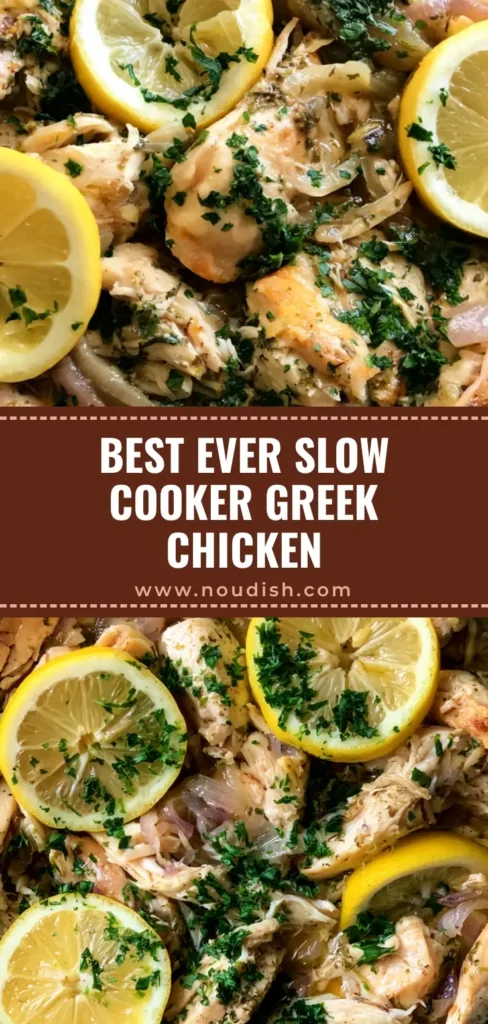 A close-up of Slow Cooker Greek Chicken featuring shredded meat, lemon slices, and fresh parsley in a dark pot.