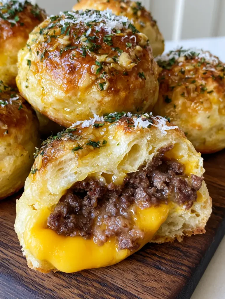 Cheeseburger Bombs with Garlic Parmesan Crust 1 A close-up view of the seared beef crumbles and melted cheese inside a torn Cheeseburger Bomb.