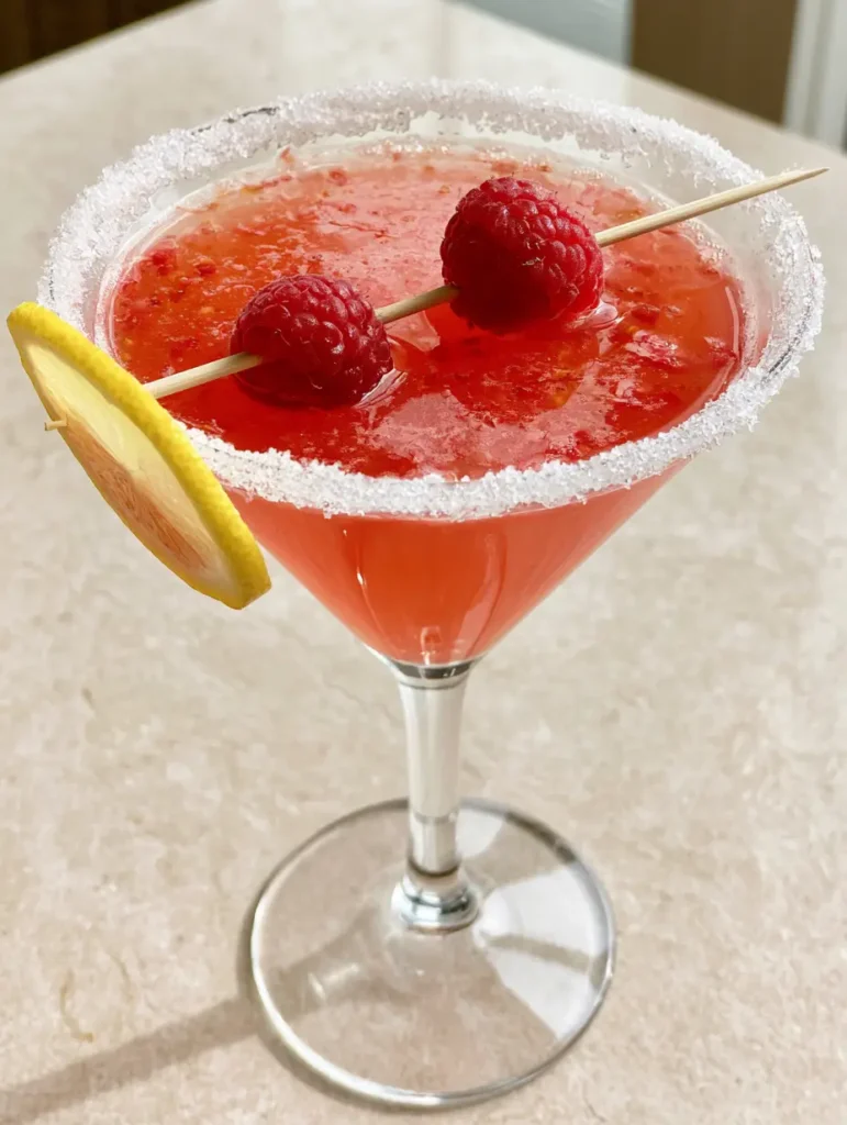 Raspberry Lemon Drop Martini: The Ultimate Vibrant Pink Cocktail Guide 1 Raspberry Lemon Drop Martini sitting on a light stone surface with a wooden skewer garnish.