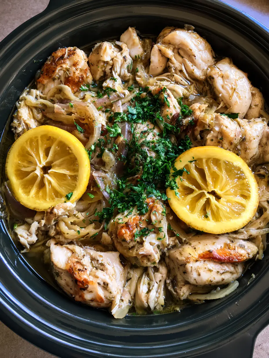 Top-down view of Slow Cooker Greek Chicken with golden-browned edges, lemon half-moons, and red onions. (Slow Cooker Greek Chicken)