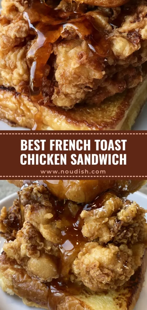 French Toast Fried Chicken Sandwich: The Ultimate Sweet and Savory Brunch 4 A close-up vertical shot of a stacked French Toast Fried Chicken Sandwich on a white plate with cascading maple syrup and powdered sugar.