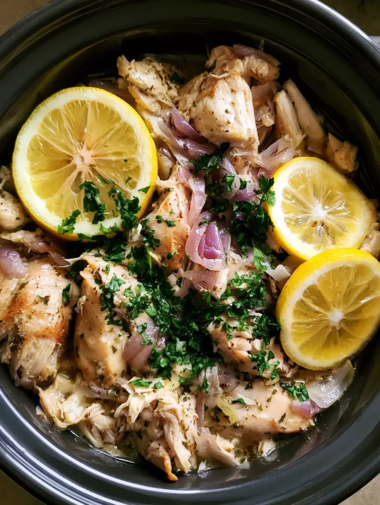 Detailed close-up of moist shredded chicken breast with green parsley and yellow lemons in a slow cooker.