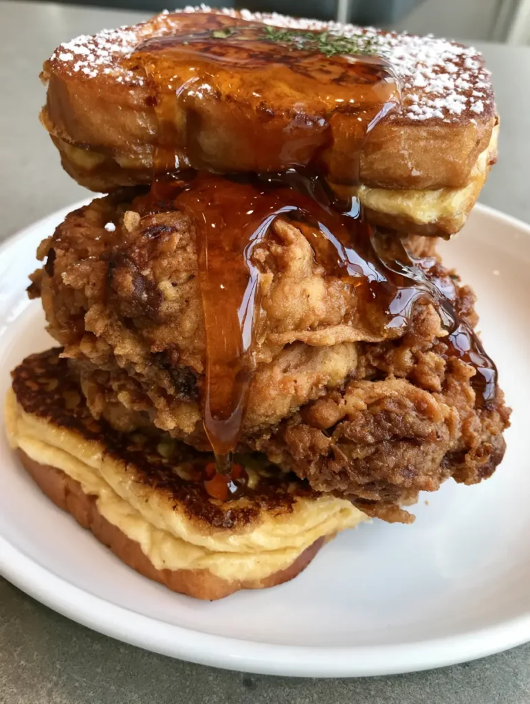 French Toast Fried Chicken Sandwich: The Ultimate Sweet and Savory Brunch 2 Handheld smartphone photo of a golden-brown French Toast Fried Chicken Sandwich with heavy crispy batter.