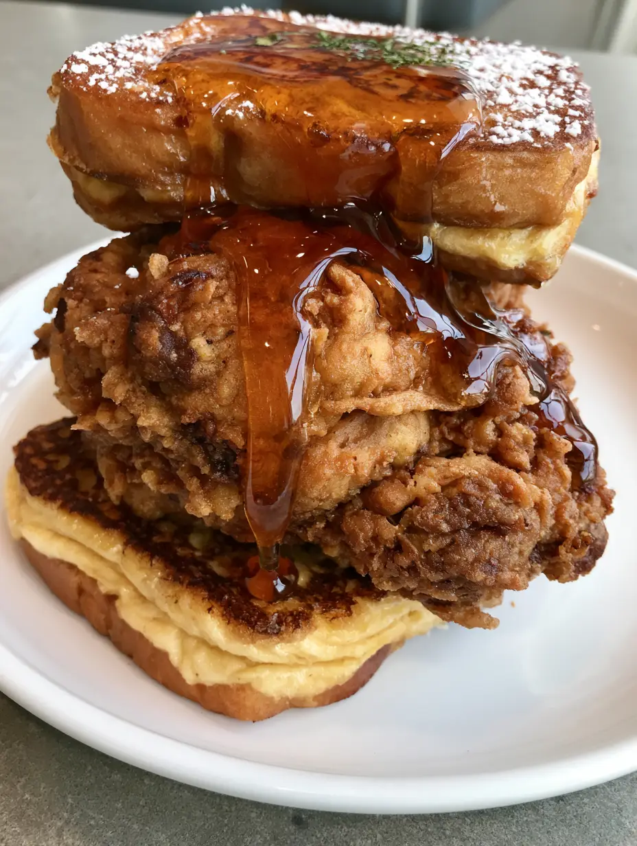 French Toast Fried Chicken Sandwich: The Ultimate Sweet and Savory Brunch 3 Handheld smartphone photo of a golden-brown French Toast Fried Chicken Sandwich with heavy crispy batter.