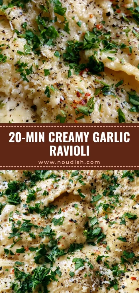 Overhead view of square ravioli in a thick ivory Garlic Parmesan Ravioli Sauce garnished with parsley and red paprika flakes in a black cast iron skillet.