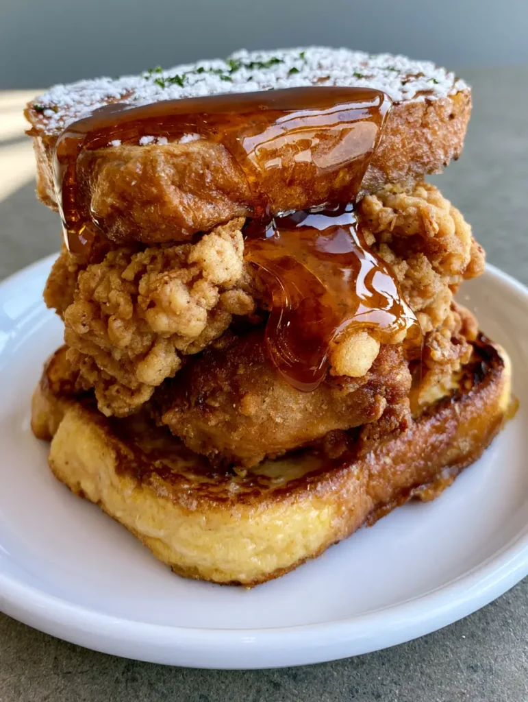 French Toast Fried Chicken Sandwich: The Ultimate Sweet and Savory Brunch 1 Macro shot of maple syrup cascading down the sides of a French Toast Fried Chicken Sandwich.