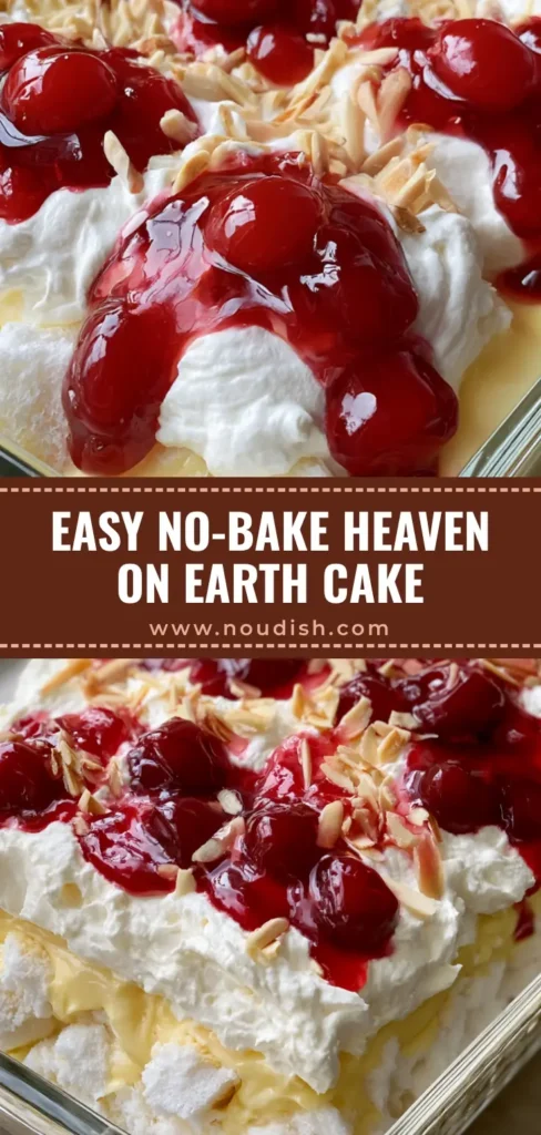Heaven On Earth Cake: A Divine Layered Cherry Dream 4 A close-up vertical shot of a Heaven On Earth Cake in a glass dish, showing layers of angel food cake, vanilla pudding, and whipped cream swirled with glossy cherry pie filling and toasted almonds.
