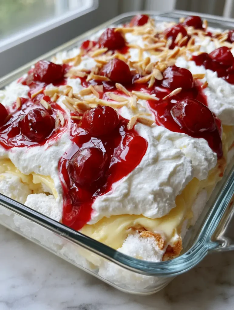 Heaven On Earth Cake: A Divine Layered Cherry Dream 2 High-angle shot of a rectangular glass baking dish filled with Heaven On Earth Cake, showcasing the glossy cherry swirl and slivered almonds.