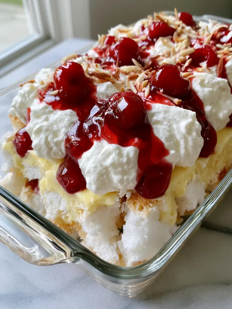 Heaven On Earth Cake: A Divine Layered Cherry Dream 1 A side view of the Heaven On Earth Cake showing the distinct layers of white angel food cake cubes and pale yellow vanilla pudding.
