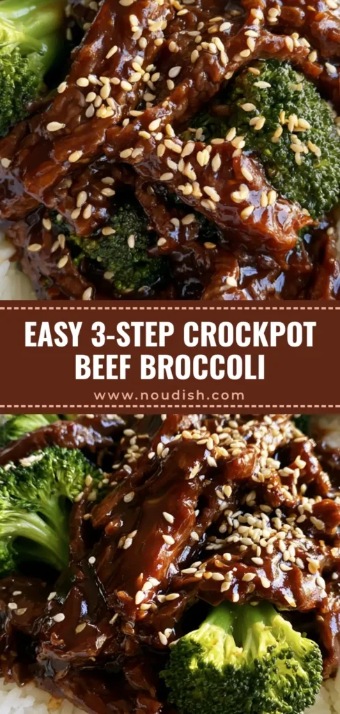 A close-up shot of Slow Cooker Beef and Broccoli with tender sliced beef strips and vibrant green broccoli in a glossy dark brown sauce over white rice.