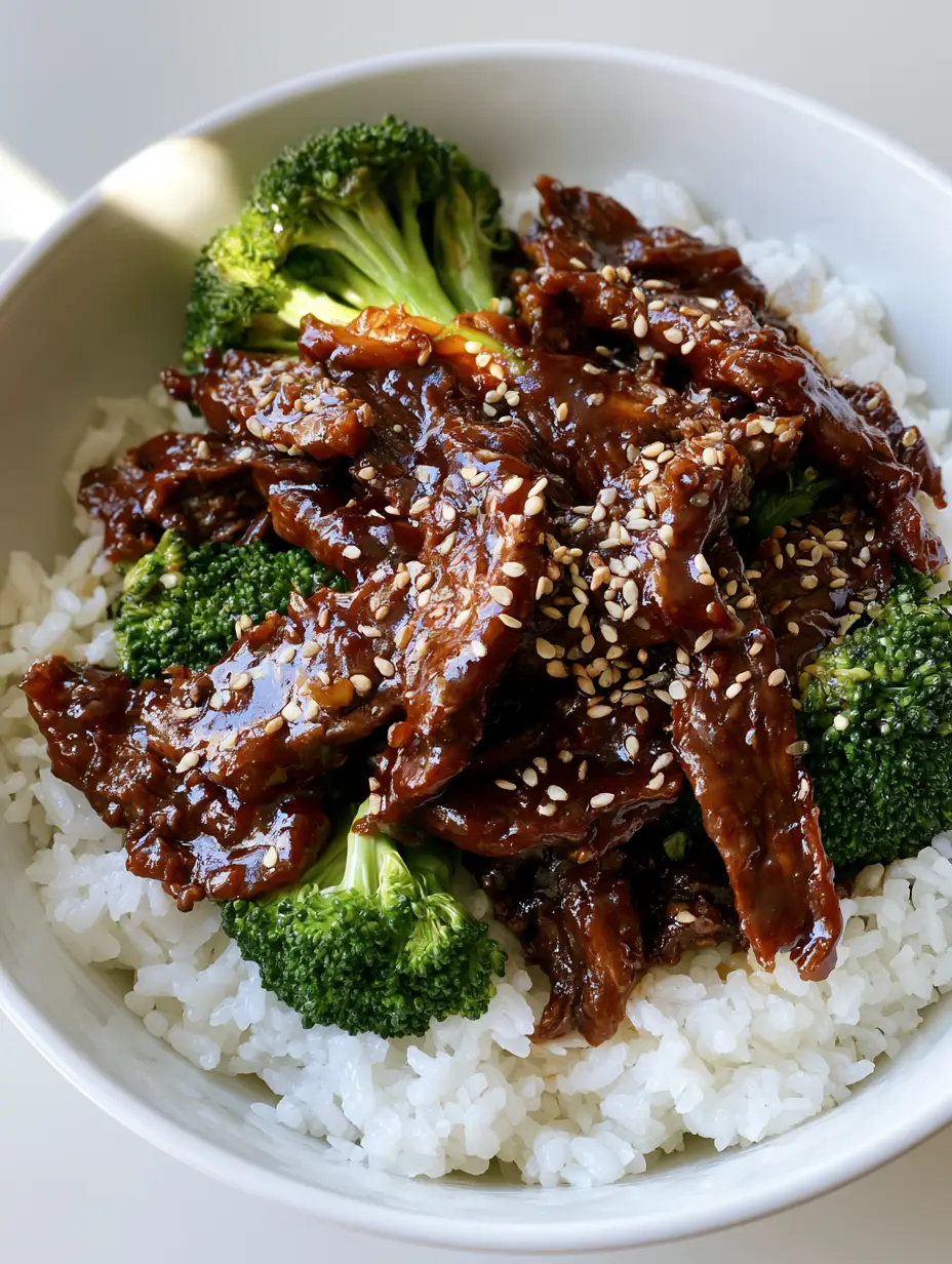 A smartphone photo of a white ceramic bowl containing Slow Cooker Beef and Broccoli with a thick glossy sauce and sesame seeds.