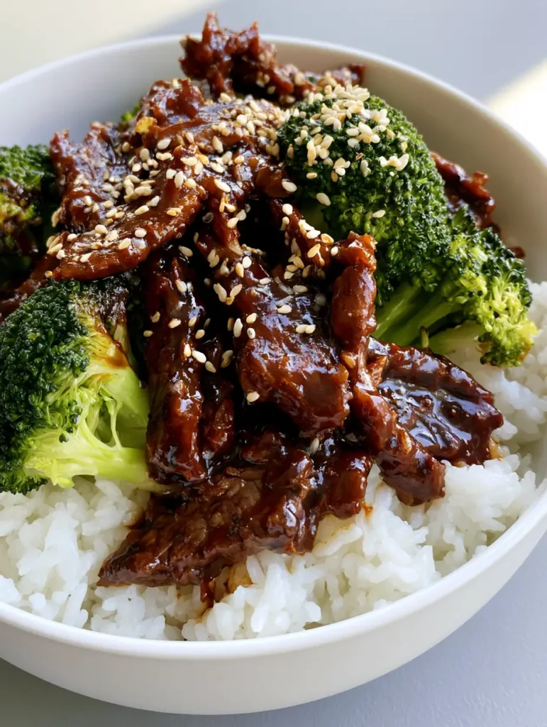 Visual of Slow Cooker Beef and Broccoli served over fluffy steamed white rice in a simple white bowl.