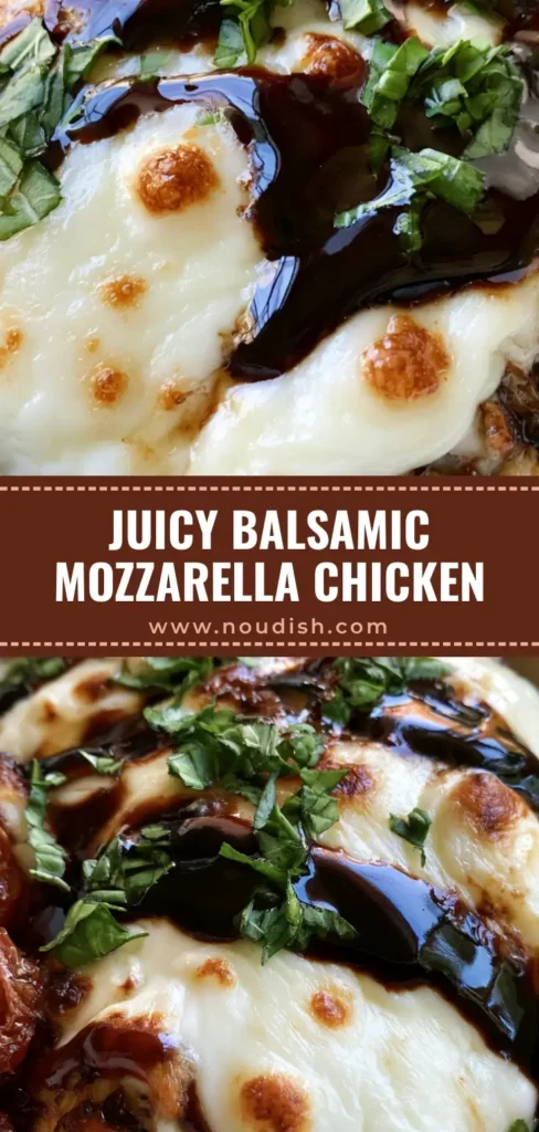 Balsamic Baked Chicken Breast with Melted Mozzarella 4 A top-down view of Balsamic Baked Chicken Breast with bubbling mozzarella cheese, mahogany glaze, and blistered tomatoes in a white dish.