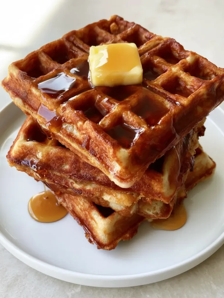 Detailed view of Sourdough Discard Waffles with amber maple syrup dripping down the sides on a white ceramic plate.