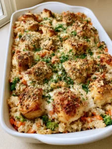 Close up photo of seared chicken breast chunks and fluffy brown rice in a creamy sauce. (Healthy Chicken and Rice Casserole)