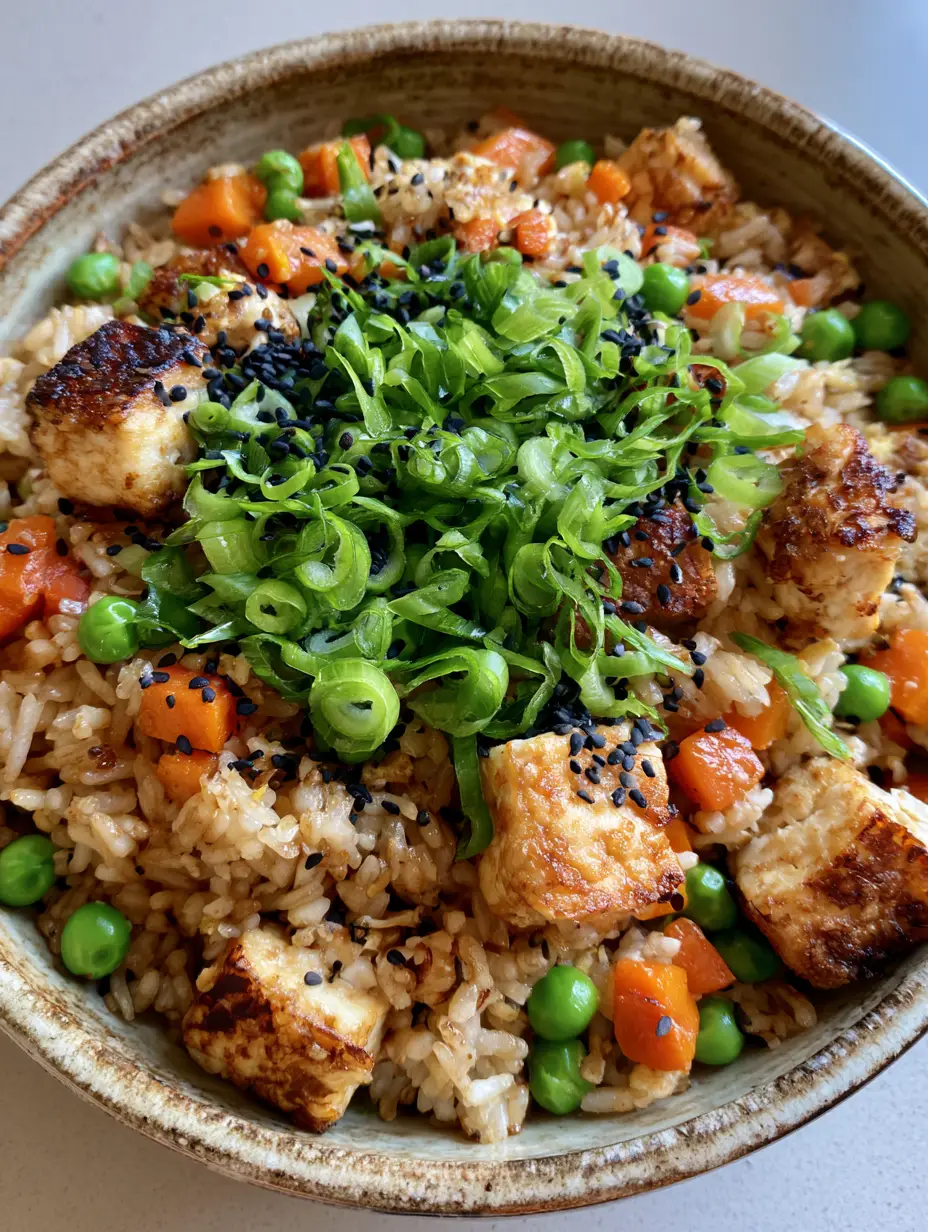 Tofu Fried Rice: The Ultimate Crispy & Golden 20-Minute Meal 4 Handheld photo of Tofu Fried Rice featuring glistening long-grain rice and golden-brown seared tofu.