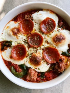 Top-down view of a white ceramic bowl filled with Keto Pizza Bowl, showing toasted pepperoni and melted bubbly cheese. (Keto Pizza Bowl)