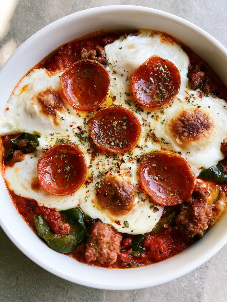 Keto Pizza Bowl: The Ultimate 15-Minute Low Carb Cravings Killer 3 Top-down view of a white ceramic bowl filled with Keto Pizza Bowl, showing toasted pepperoni and melted bubbly cheese. (Keto Pizza Bowl)