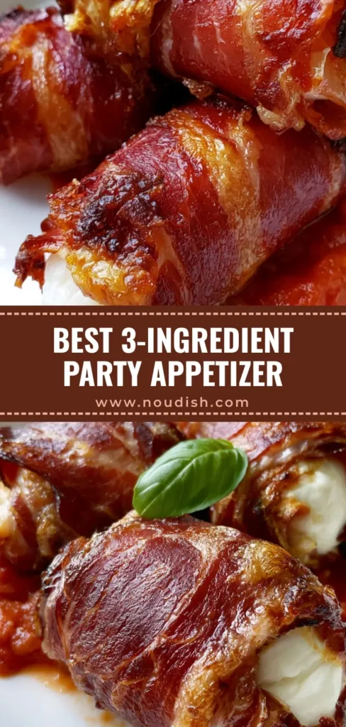 Prosciutto Wrapped Mozzarella with Crispy Pan-Seared Pomodoro 3 Three crispy Prosciutto Wrapped Mozzarella blocks on a white plate with chunky pomodoro sauce and basil garnish.