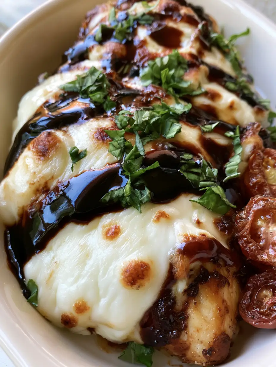 Balsamic Baked Chicken Breast with Melted Mozzarella 3 Close-up of seared chicken breast topped with melted mozzarella showing golden spots and thick balsamic glaze. (Balsamic Baked Chicken Breast)