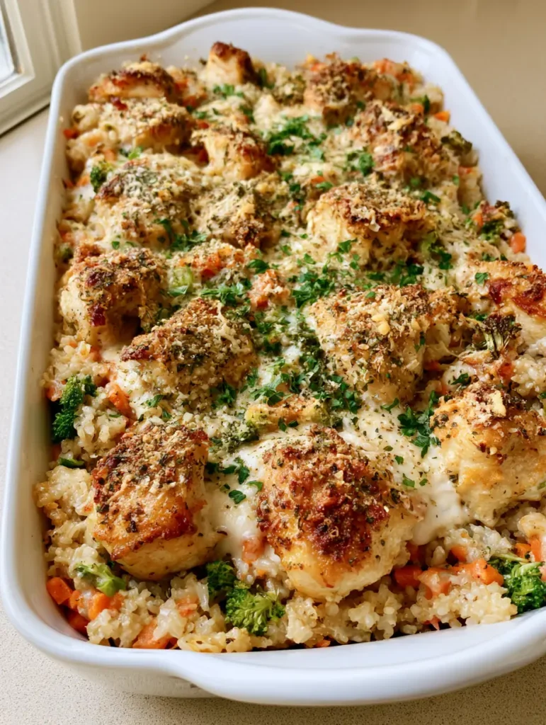 Healthy Chicken and Rice Casserole: The Ultimate Creamy Comfort Food 1 Overhead view of a white ceramic dish containing Healthy Chicken and Rice Casserole topped with fresh parsley and dried herbs.