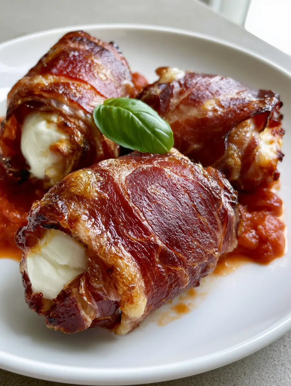 Prosciutto Wrapped Mozzarella with Crispy Pan-Seared Pomodoro 4 A handheld photo showing the golden fat and crispy texture of Prosciutto Wrapped Mozzarella.