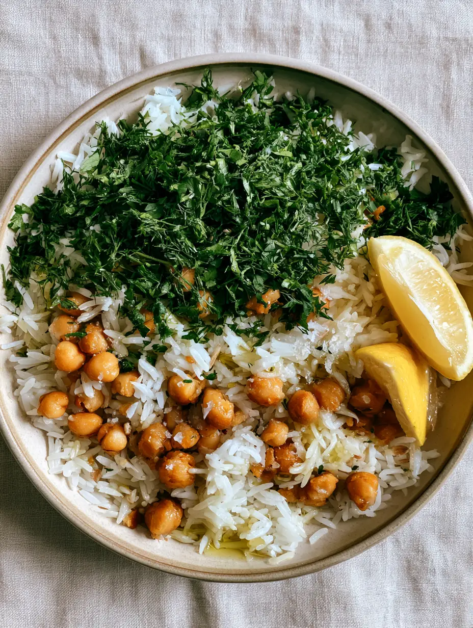 Mediterranean Rice and Beans: The Ultimate 20-Minute Healthy Power Bowl 3 Close up of Mediterranean Rice and Beans showing golden-brown chickpeas and vibrant green herbs in a white bowl.