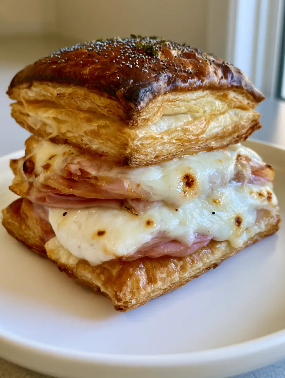 Handheld photo of a golden-brown Ham and Cheese Puff Pastry square with gooey melted cheese edges.