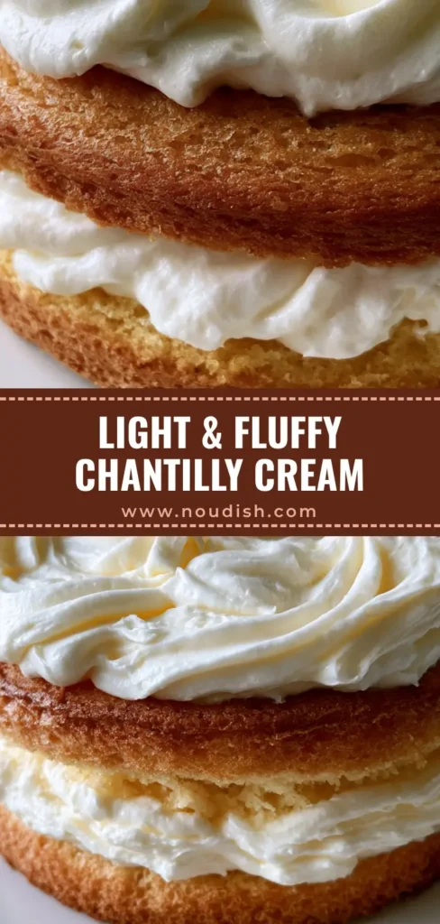 Chantilly Cream Recipe: The Secret to Perfect, Stable Velvety Peaks 4 A tall slice of golden-brown chiffon cake with a thick, one-inch layer of brilliant white Chantilly cream featuring smooth, stable peaks. (Chantilly Cream Recipe)