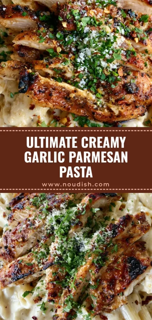 Creamy Garlic Parmesan Chicken Pasta: The Ultimate Comfort Food 3 A top-down view of Creamy Garlic Parmesan Chicken Pasta in a white bowl, showing charred chicken and glossy sauce.