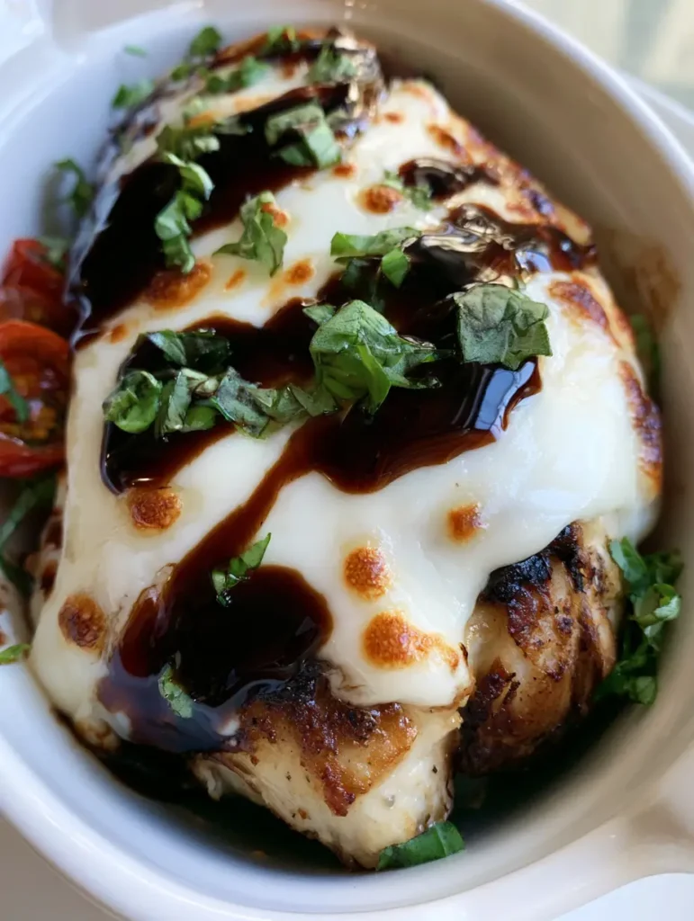 Balsamic Baked Chicken Breast with Melted Mozzarella 1 A white ceramic dish containing Balsamic Baked Chicken Breast garnished with fresh basil and blistered cherry tomatoes.