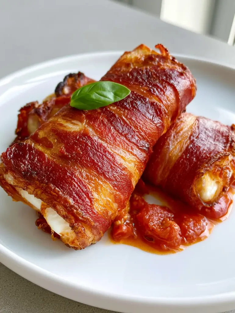 Prosciutto Wrapped Mozzarella with Crispy Pan-Seared Pomodoro 1 Close up of Prosciutto Wrapped Mozzarella on a minimalist plate with vibrant red sauce.