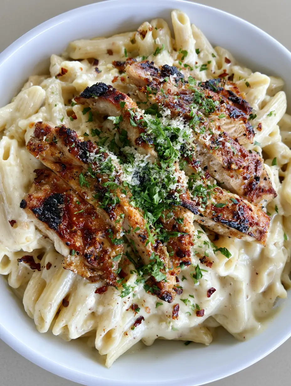 Creamy Garlic Parmesan Chicken Pasta: The Ultimate Comfort Food 4 Authentic smartphone photo of Creamy Garlic Parmesan Chicken Pasta with fresh parsley and red pepper flakes.