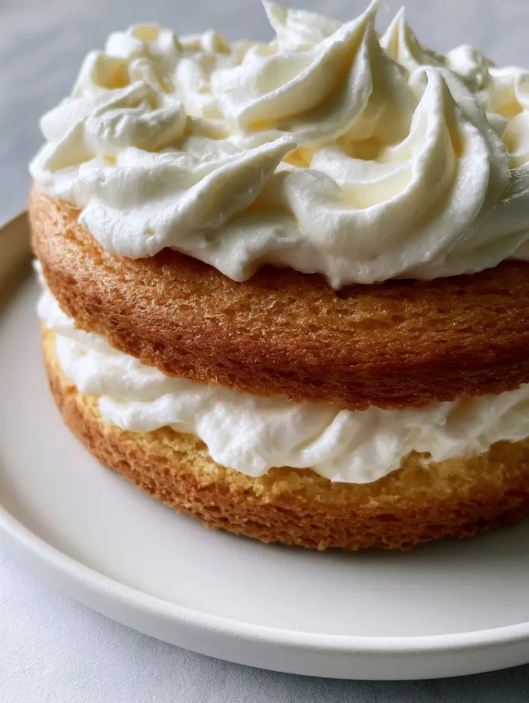 Chantilly Cream Recipe: The Secret to Perfect, Stable Velvety Peaks 1 Side view of stable cream peaks sandwiched between two layers of light, airy chiffon sponge cake on a white plate. (Chantilly Cream Recipe)