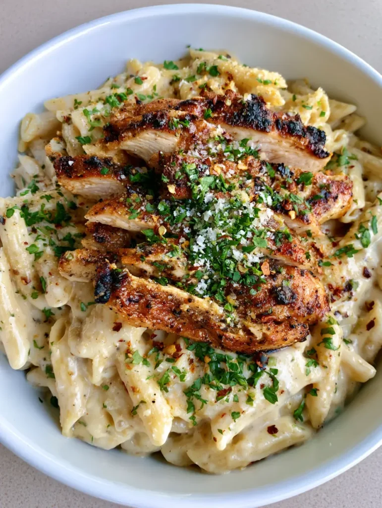 Creamy Garlic Parmesan Chicken Pasta: The Ultimate Comfort Food 1 A ceramic bowl filled with al dente penne and sliced pan-seared chicken in a creamy parmesan sauce.