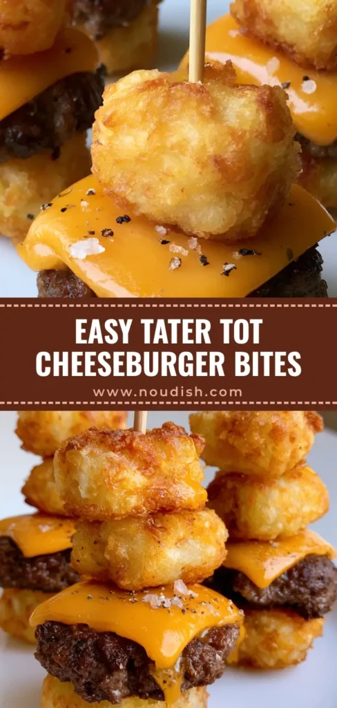 Tater Tot Cheeseburgers: The Ultimate Crispy Mini Slider Appetizer 3 A stack of mini Tater Tot Cheeseburgers on a white plate, featuring crispy potato tots, melted cheddar, and juicy beef secured with toothpicks.