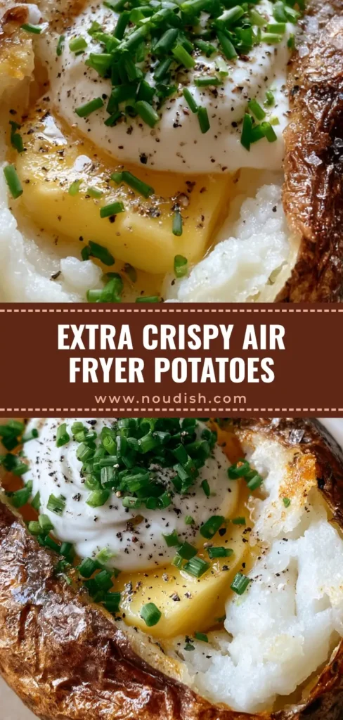 A perfectly cooked Air Fryer Baked Potato sliced open to reveal a fluffy snowy-white interior topped with melting butter, sour cream, and fresh chives.