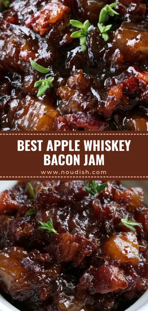 Apple Whiskey Bacon Jam with Caramelized Onions and Fuji Apples 4 A small white ceramic ramekin filled with glossy Apple Whiskey Bacon Jam featuring crispy bacon bits and apple chunks.