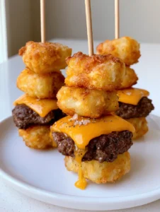 Close-up of a hand holding a Tater Tot Cheeseburger slider, showing the texture of the crispy potato and the melted cheese drip.